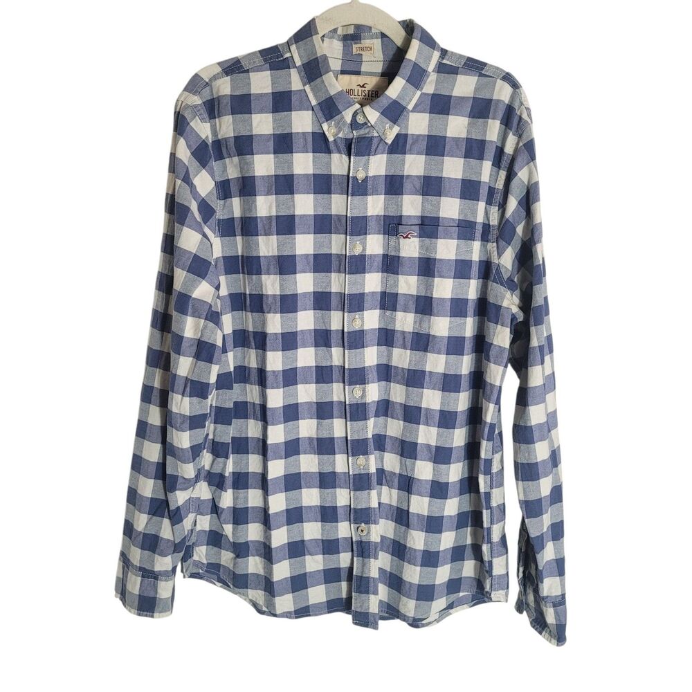 Hollister Stretch Button Up Shirt Men's XL Blue White Checkered Plaid Preppy
